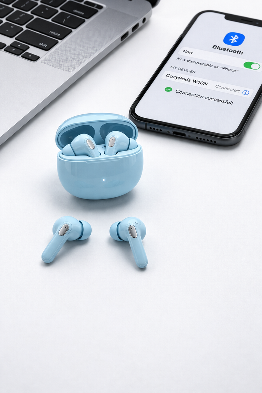 Blue wireless earbuds with charging case on a white surface, connected to a smartphone.