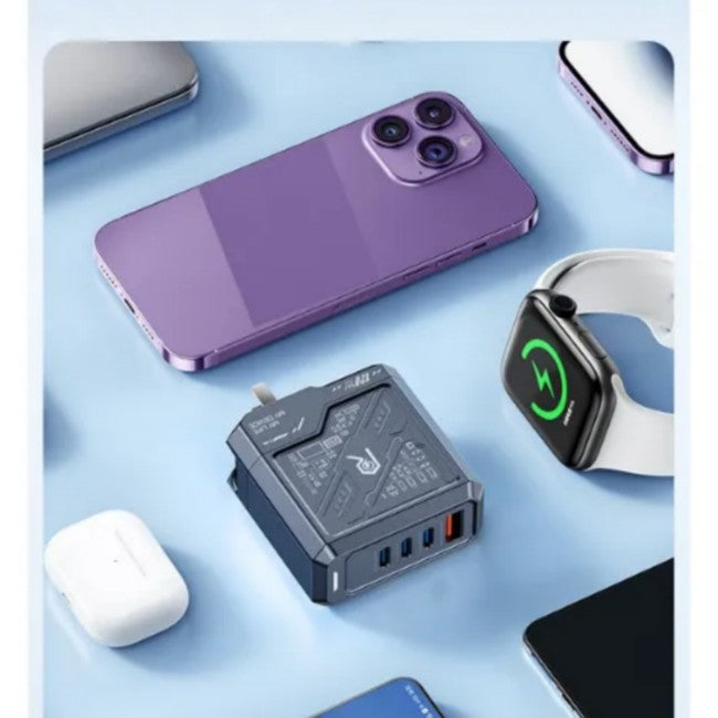 Collection of electronic devices including a purple phone, smartwatch, and charging adapter on a light blue background.