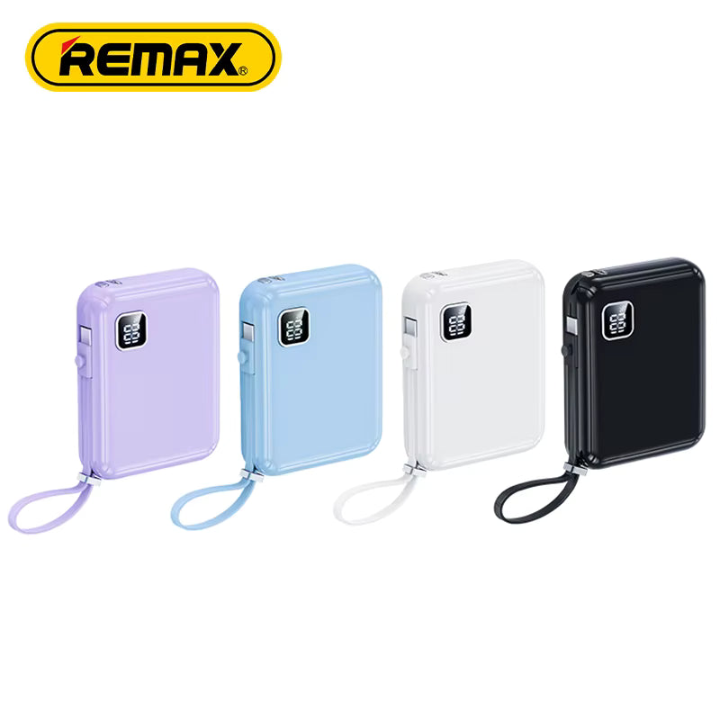 Four Remax power banks in different colors on a white background