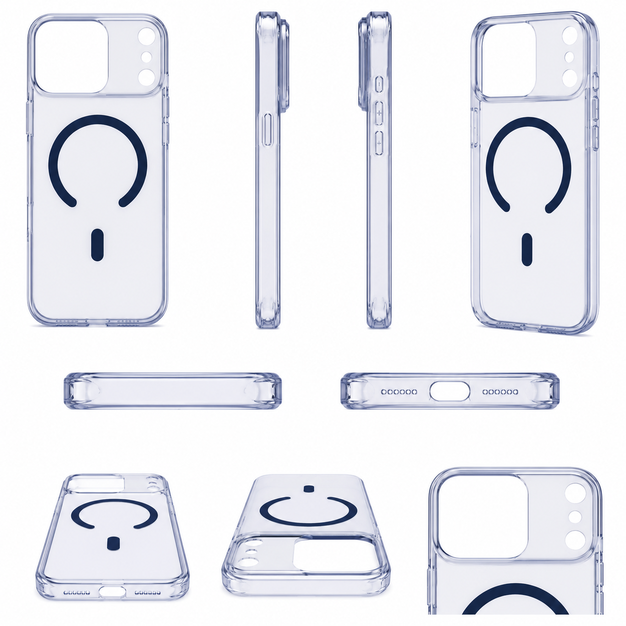 A clear transparent phone case shown from multiple angles on a white background, featuring a dark navy circular MagSafe-style ring and small dot accent on the back.