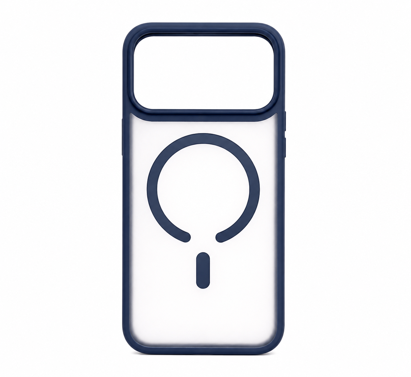 A clear phone case with a dark navy blue bumper and a matching navy MagSafe ring graphic on the back, shown on a solid white background.