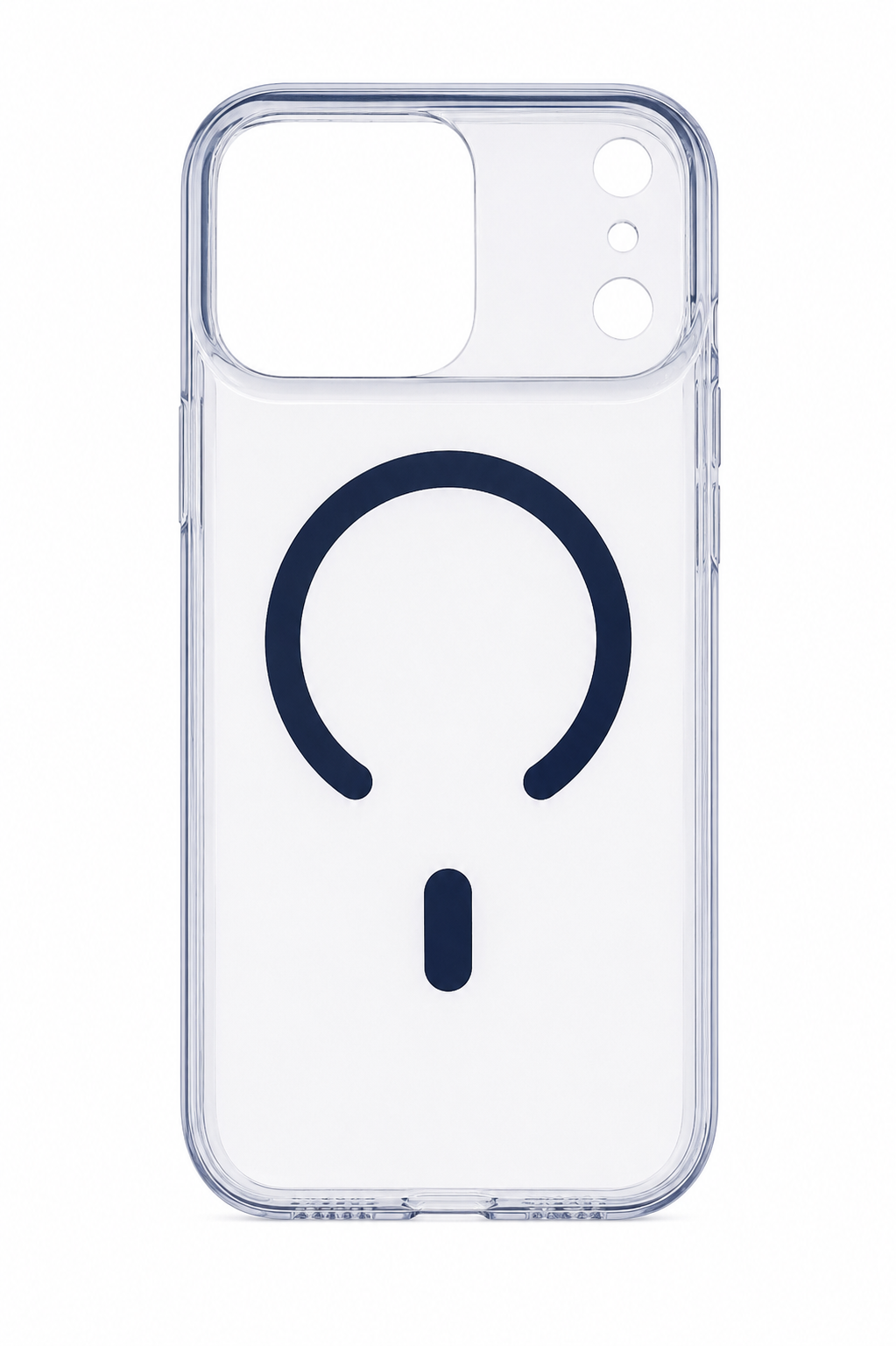 A clear transparent phone case with a dark navy blue minimalist question mark graphic printed on the back, shown on a white background.