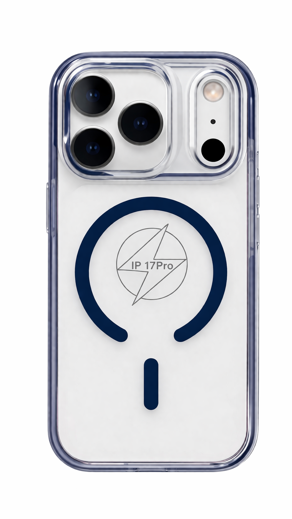 Phone case with a clear design and blue accents on a white background