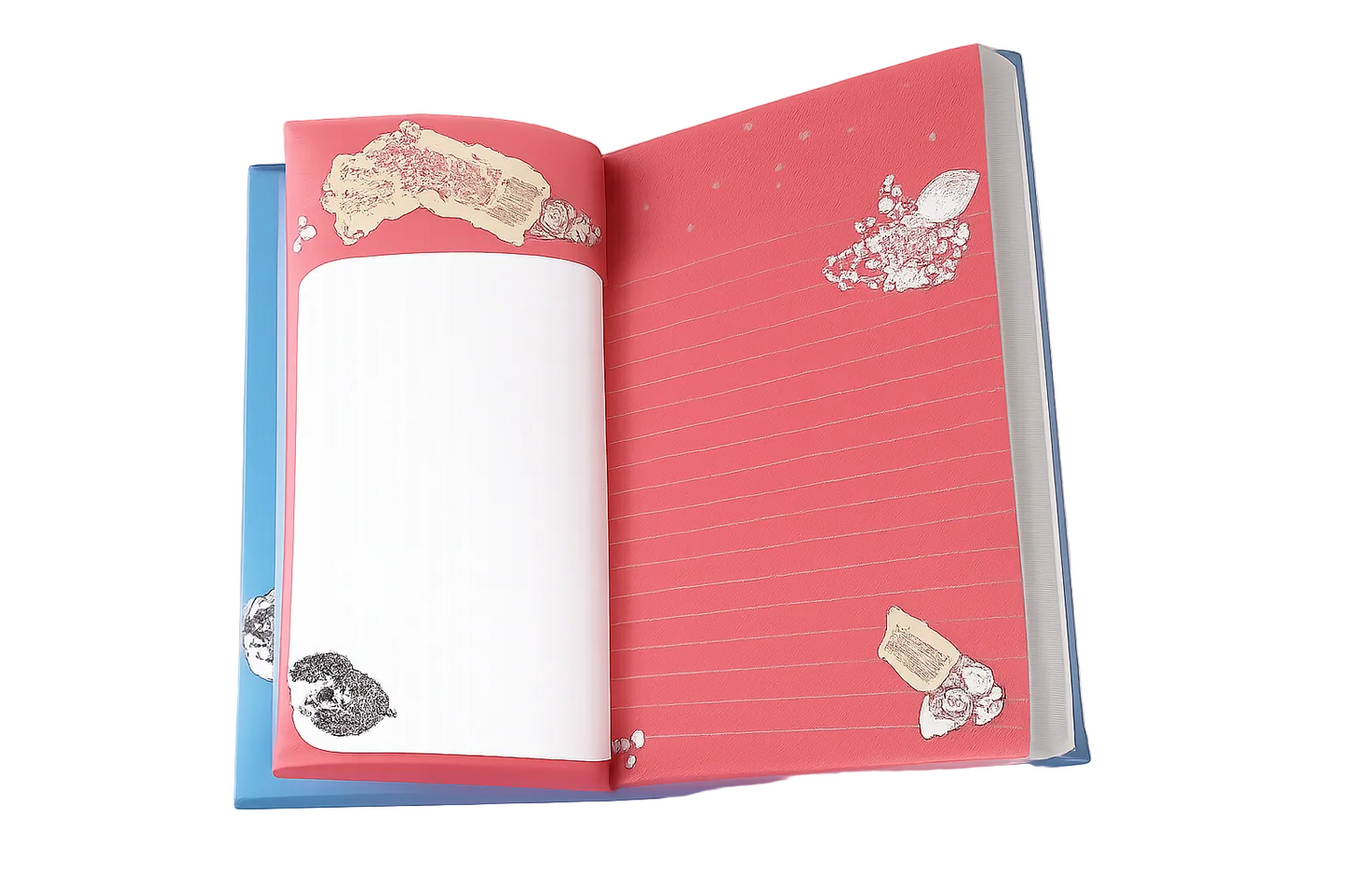 Open notebook with decorative pages on a white background