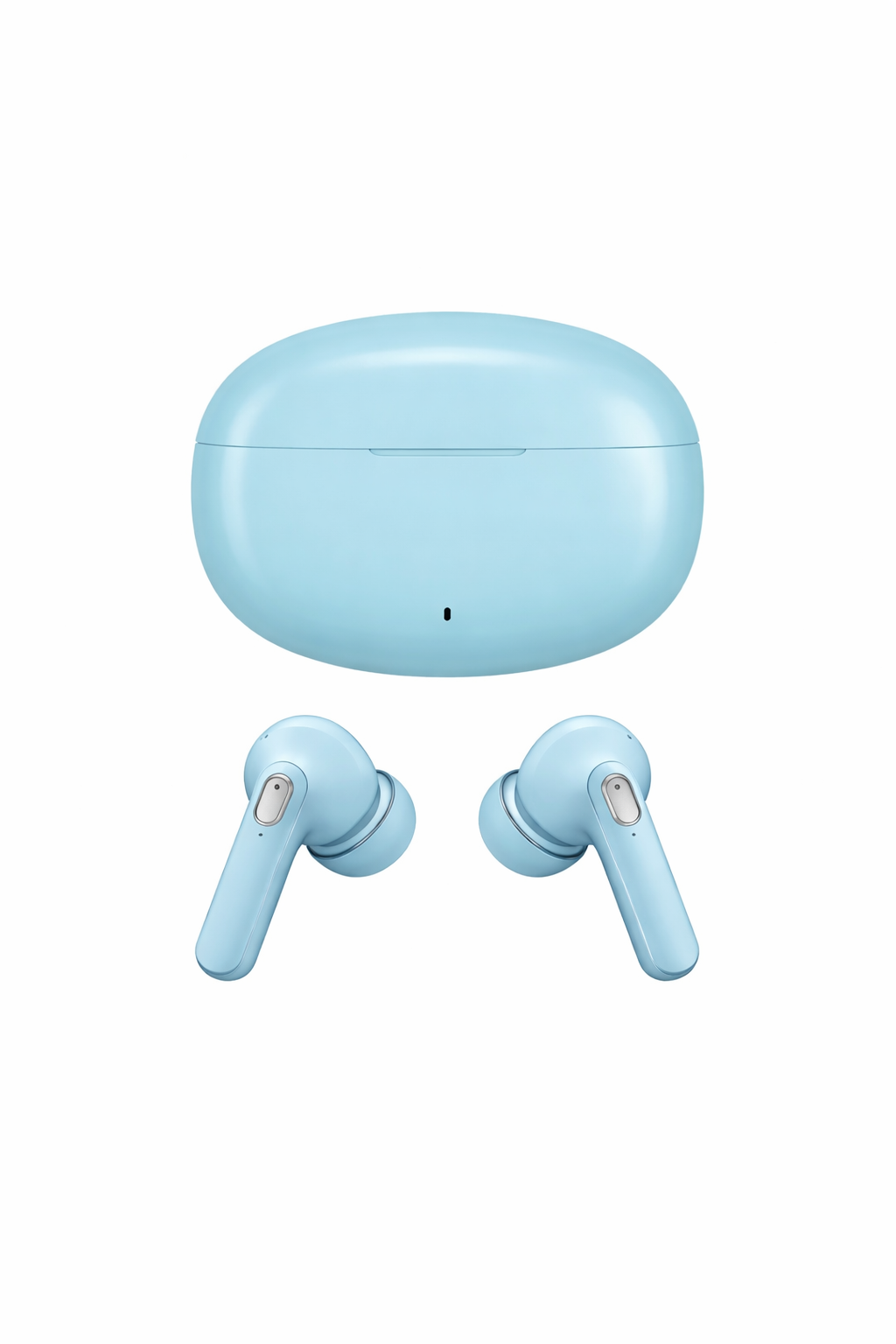 Blue wireless earbuds with charging case on a white background