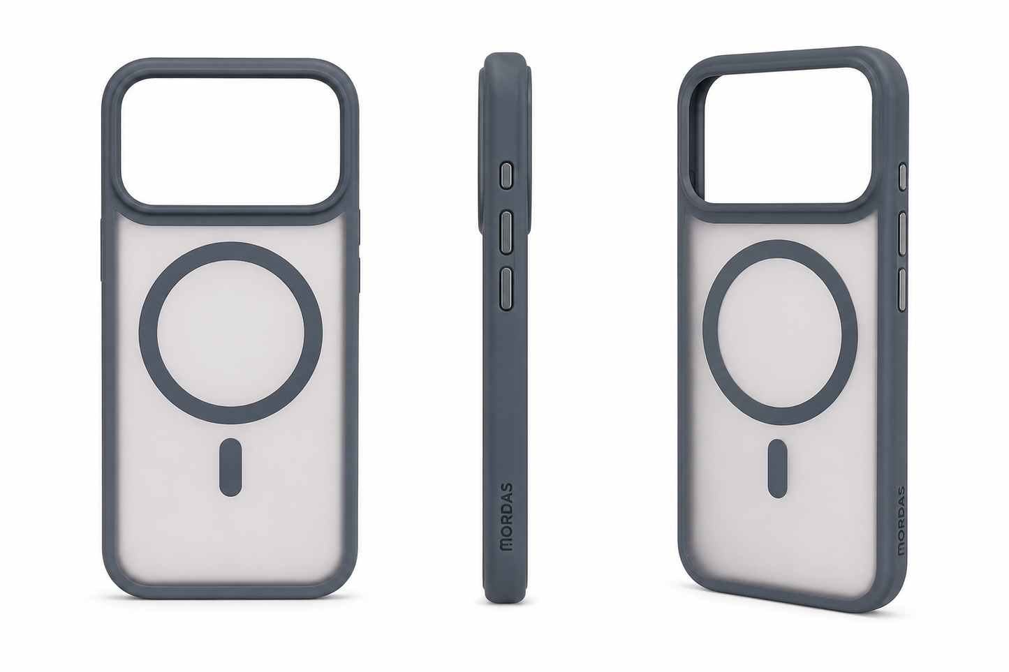 Three views of a dark gray MagSafe-compatible phone case on a white background, showing the back with the magnetic ring, the side profile, and another angle of the back.