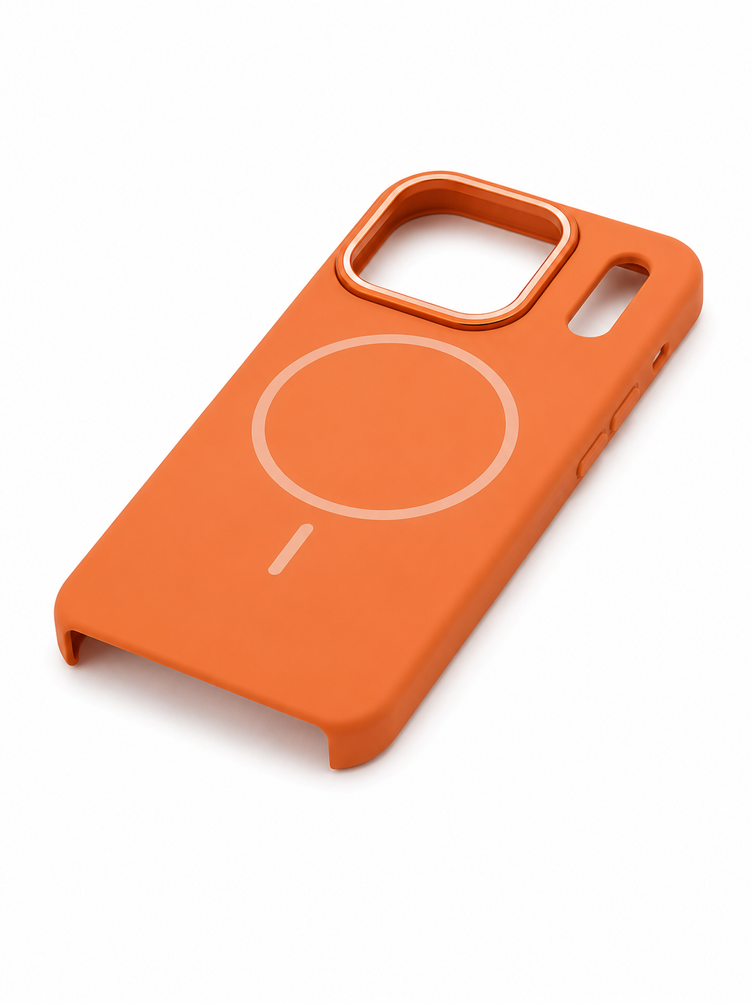 Orange phone case with a white magnifying glass design on a white background