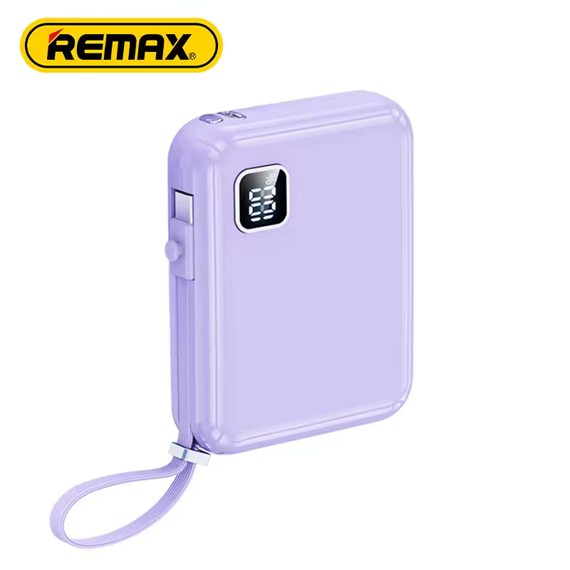Purple power bank with digital display on a white background, featuring Remax brand logo.