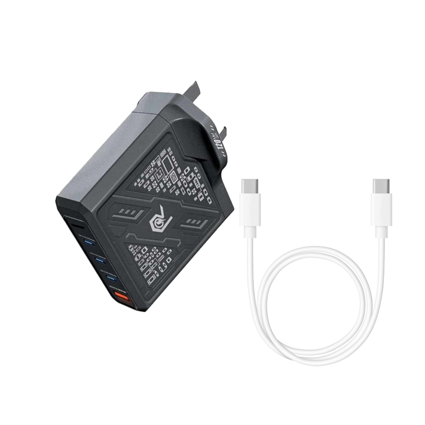 Black USB hub with multiple ports and a white cable on a white background