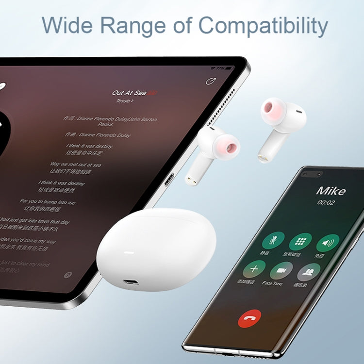 White wireless earbuds with a smartphone and tablet on a light blue background