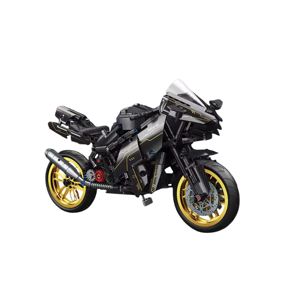 Model motorcycle with gold wheels on a white background, branded 'GADGETS & GADGETS'.