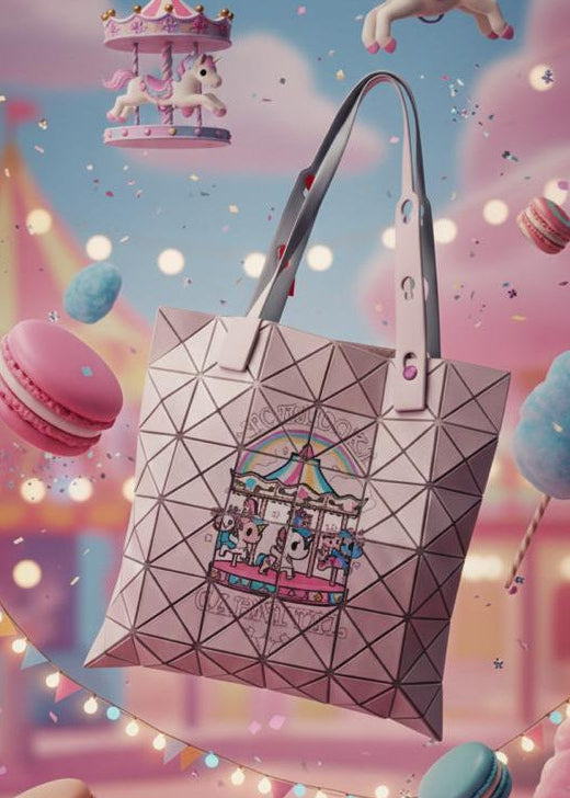 Geometric pink handbag with a carousel design on a colorful background