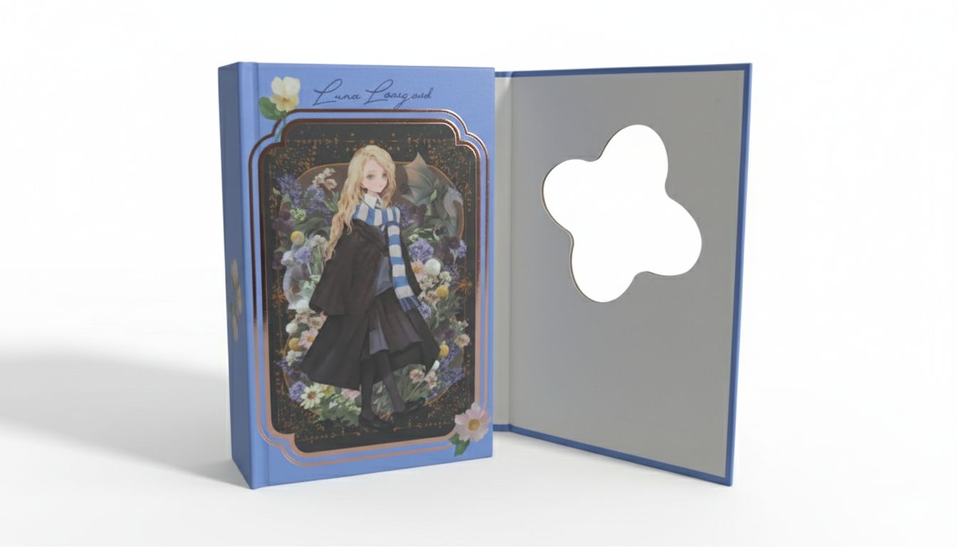 Card with a printed design of a person in a floral frame on a blue card with a white border.