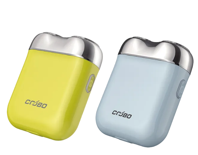 Two Coobo electric shavers, one yellow and one light blue, on a white background with GAG logo.
