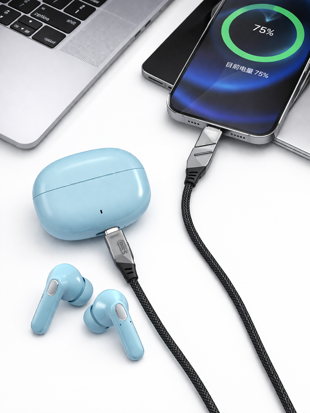 Blue wireless earbuds with charging case and cable on a white background