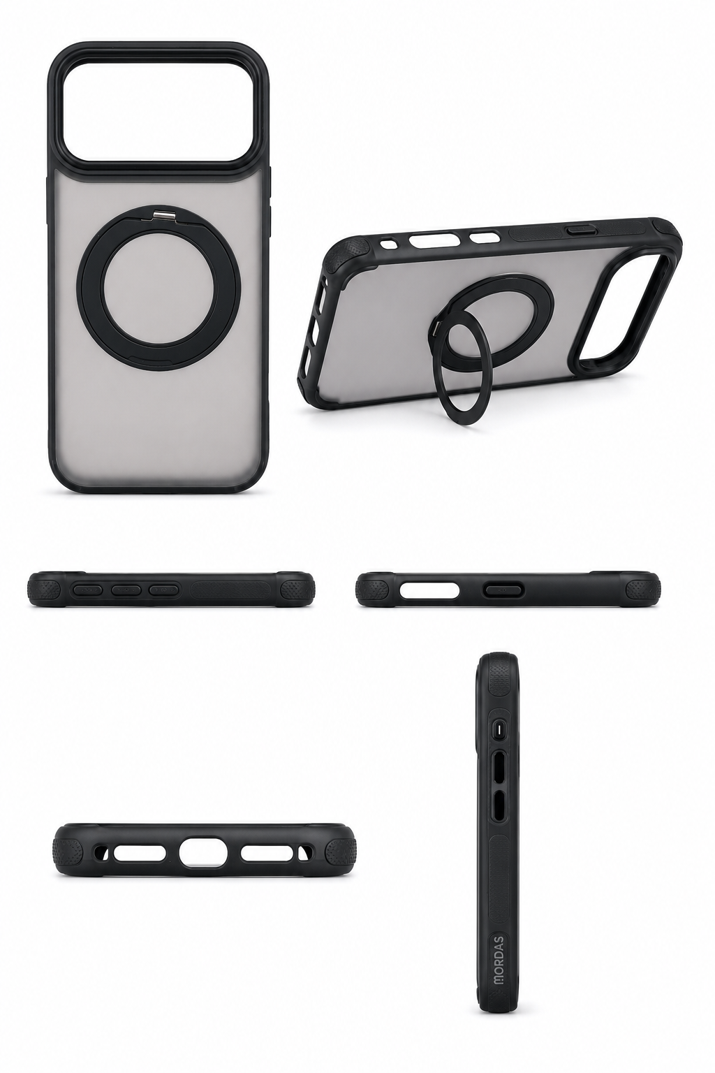 Black protective phone case with a built-in MagSafe ring and kickstand, shown from multiple angles including front, back, side, and horizontal/vertical views on a white background.
