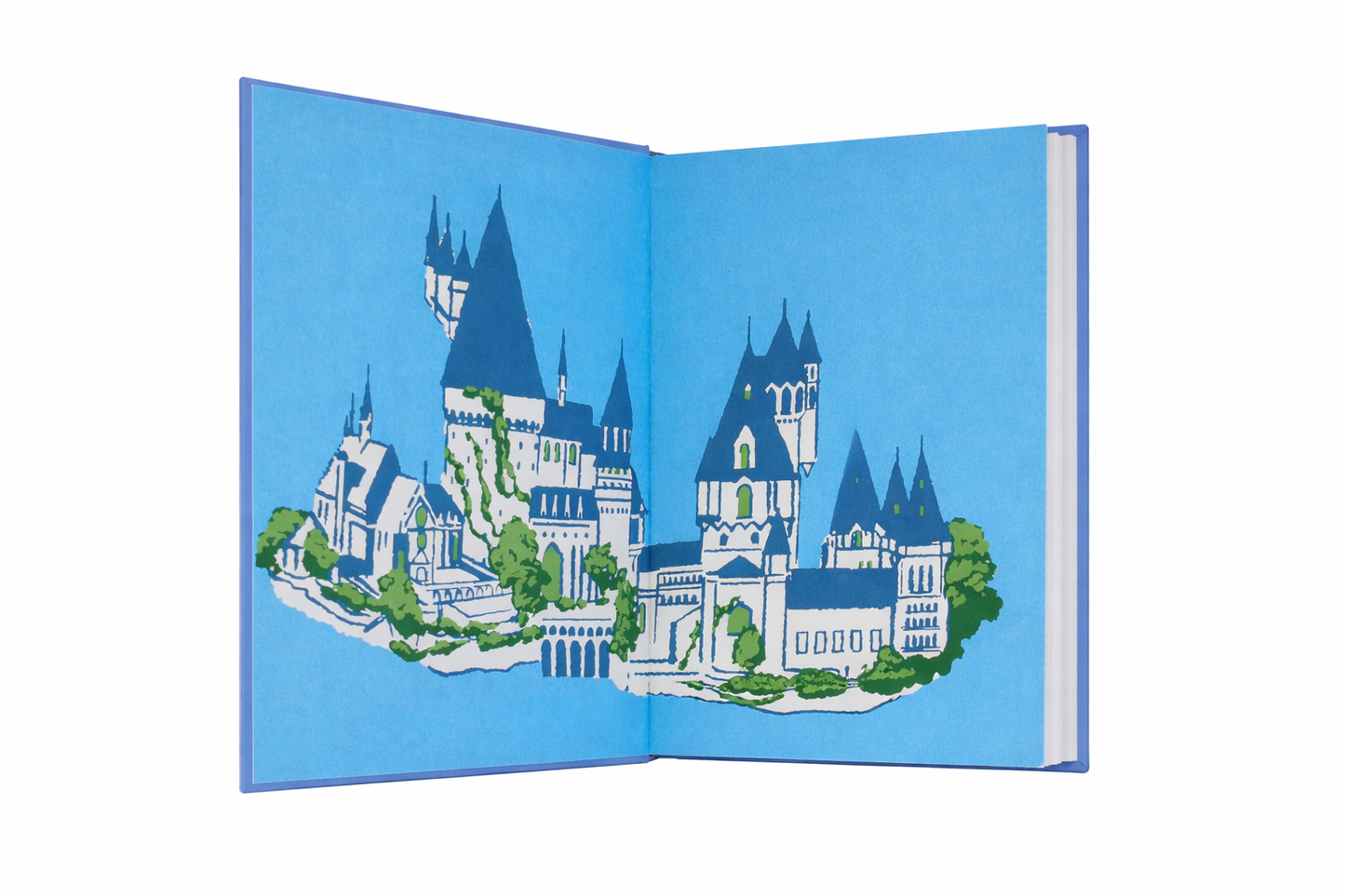 Open book with a castle illustration on a blue background