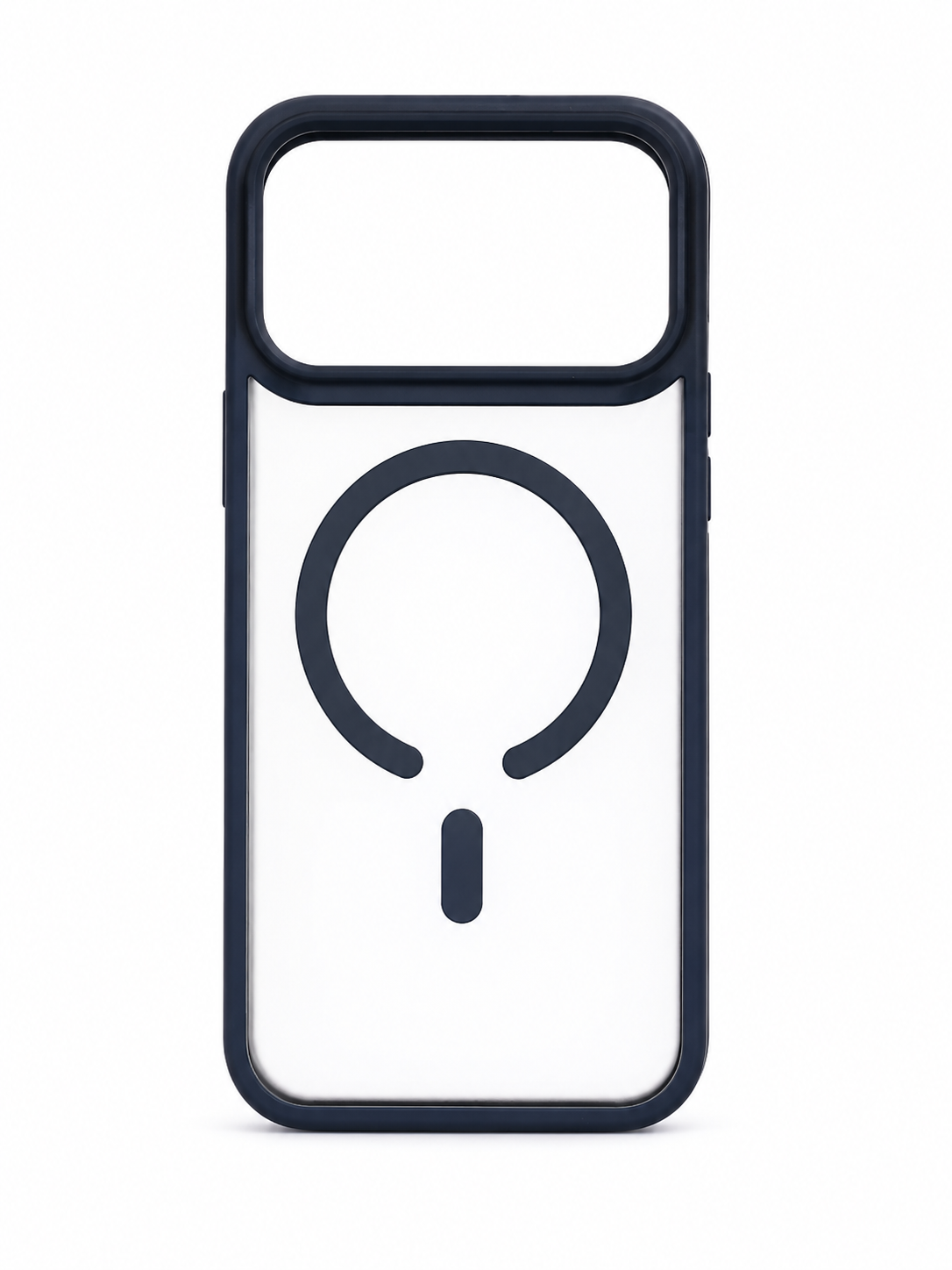 A clear phone case with a dark navy blue bumper frame and a matching dark navy MagSafe-compatible circular ring graphic on the back, shown on a white background.