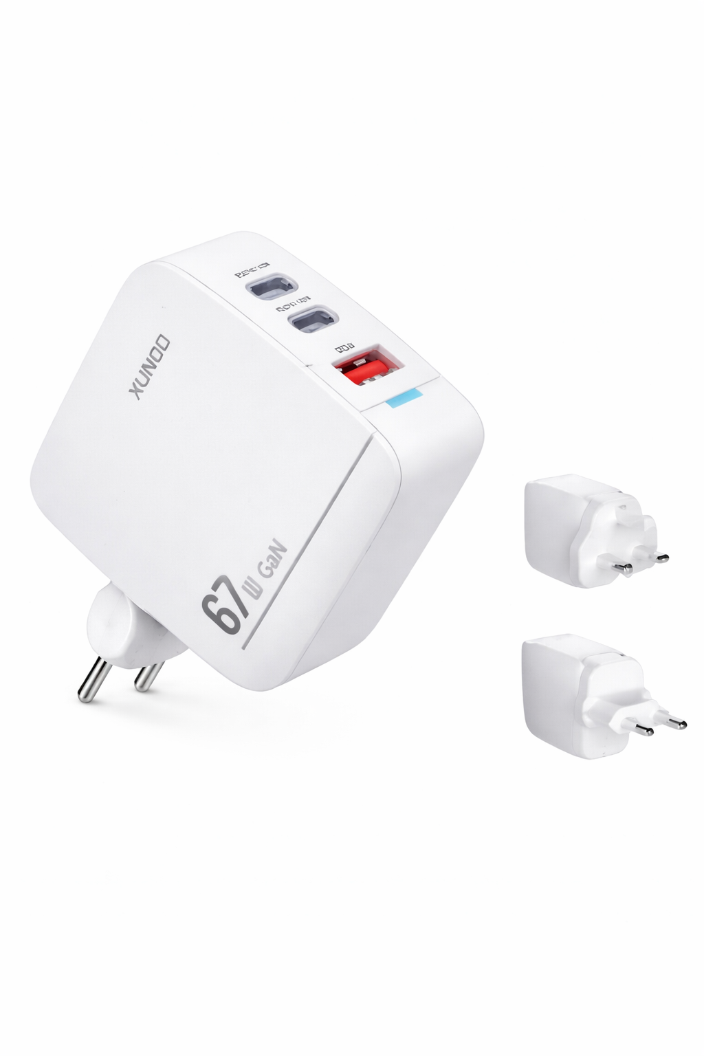 White travel adapter with multiple plug sockets on a white background