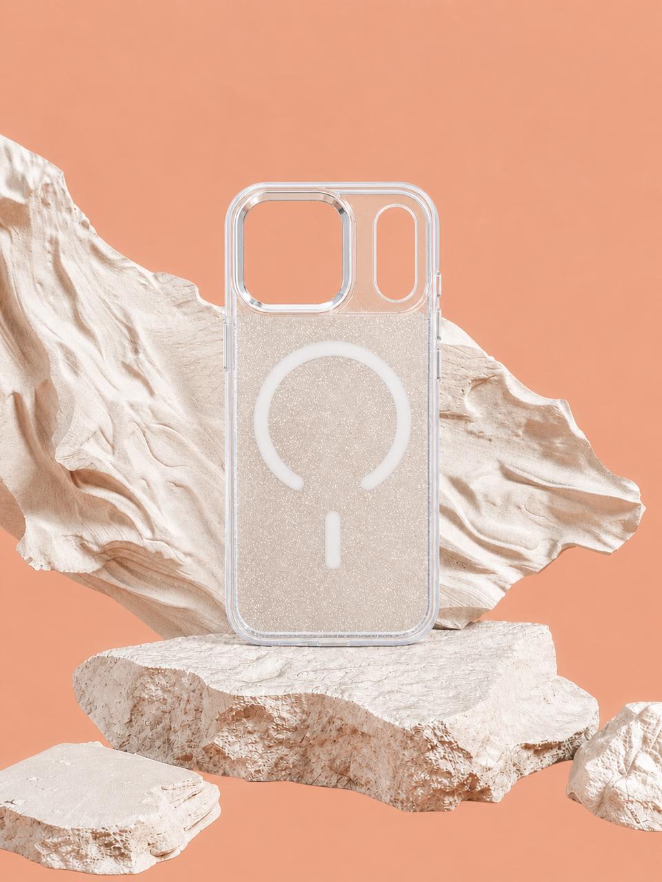 Clear phone case with a logo on a stone surface against a peach background