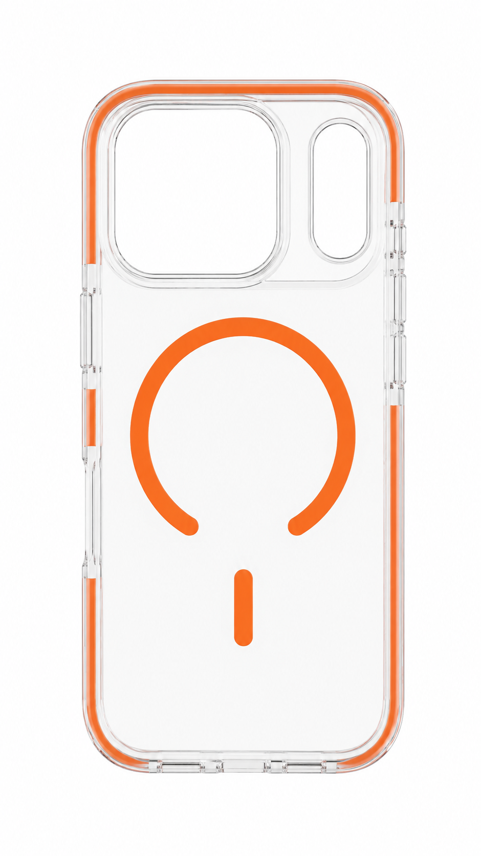 Clear phone case with orange accents on a white background