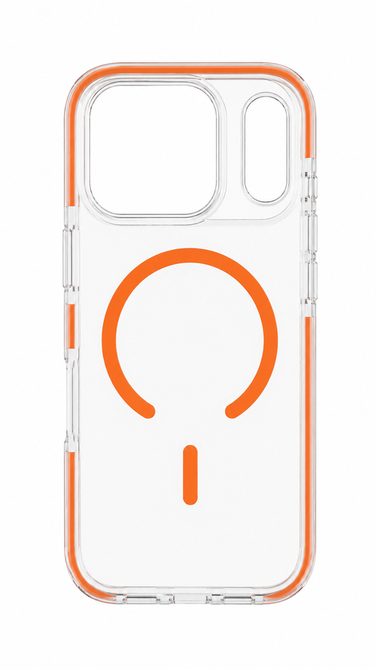 Clear phone case with orange accents on a white background