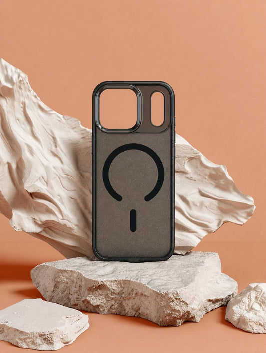 Phone case with a brand logo on a rock and fabric background