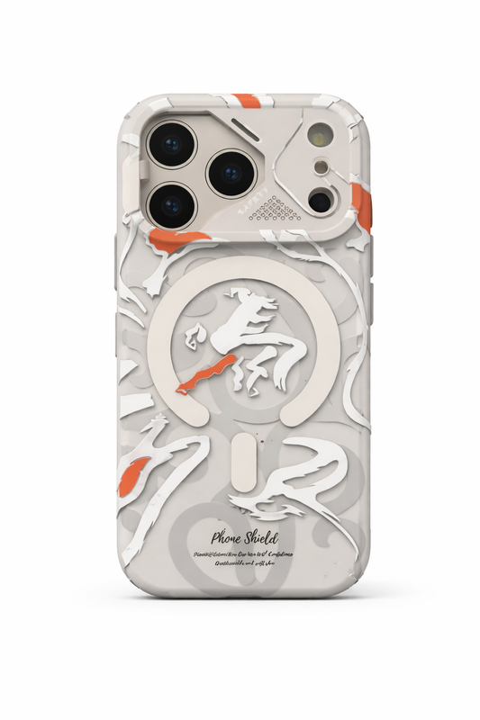 Phone case with a design of a running person and abstract shapes on a white background