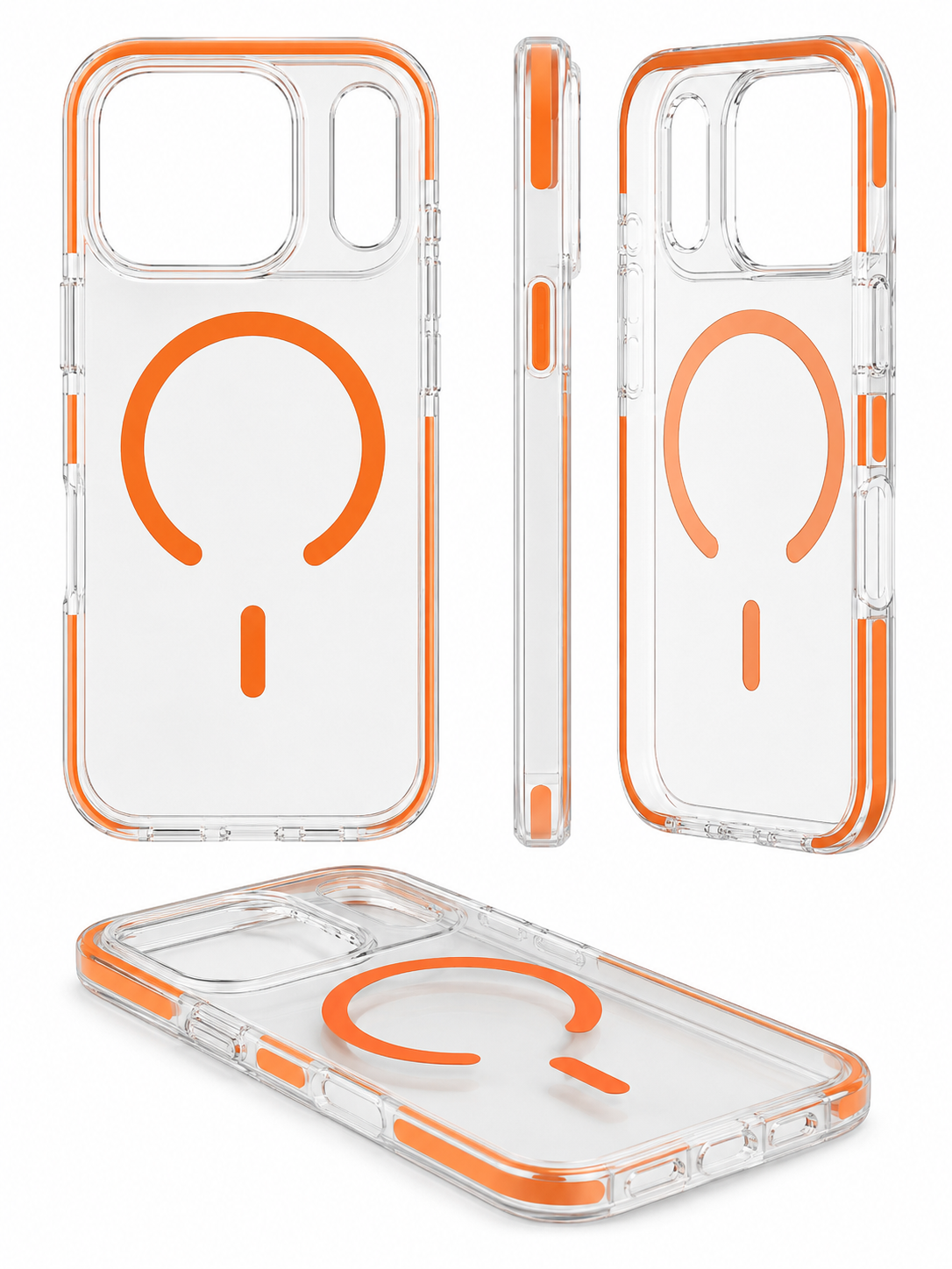 Clear phone case with orange accents on a white background