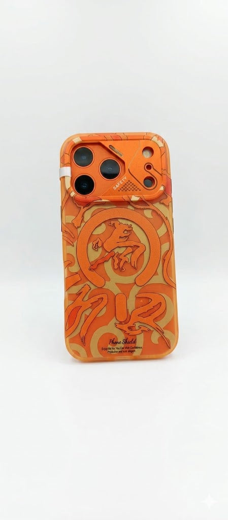 Phone case with orange and brown design on a white background