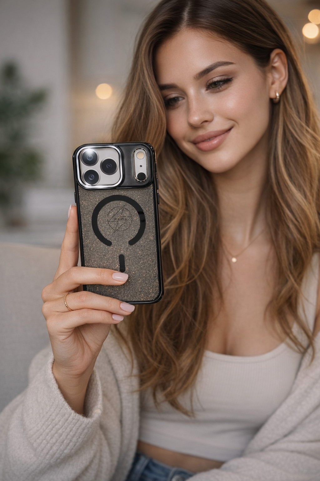 Woman holding a phone with a case, smiling indoors.