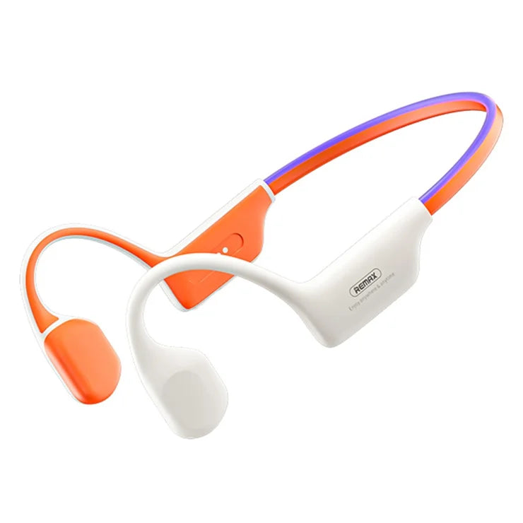 Orange and white wireless earbuds on a white background
