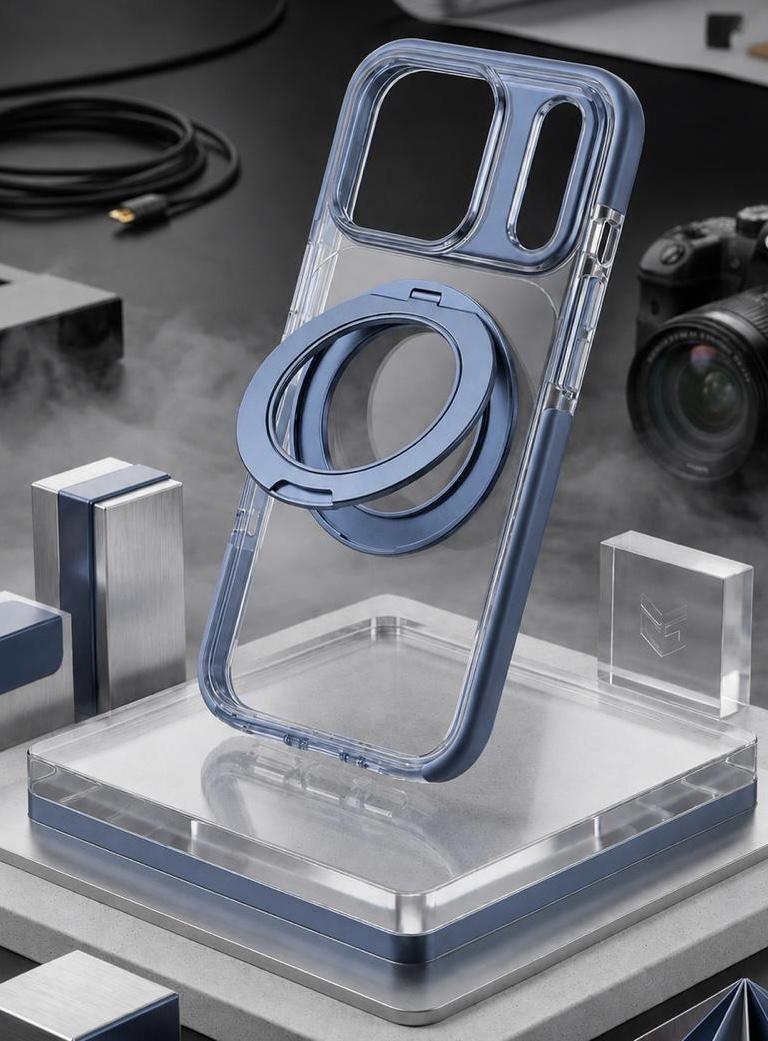 Clear phone case with blue ring stand on a gray surface