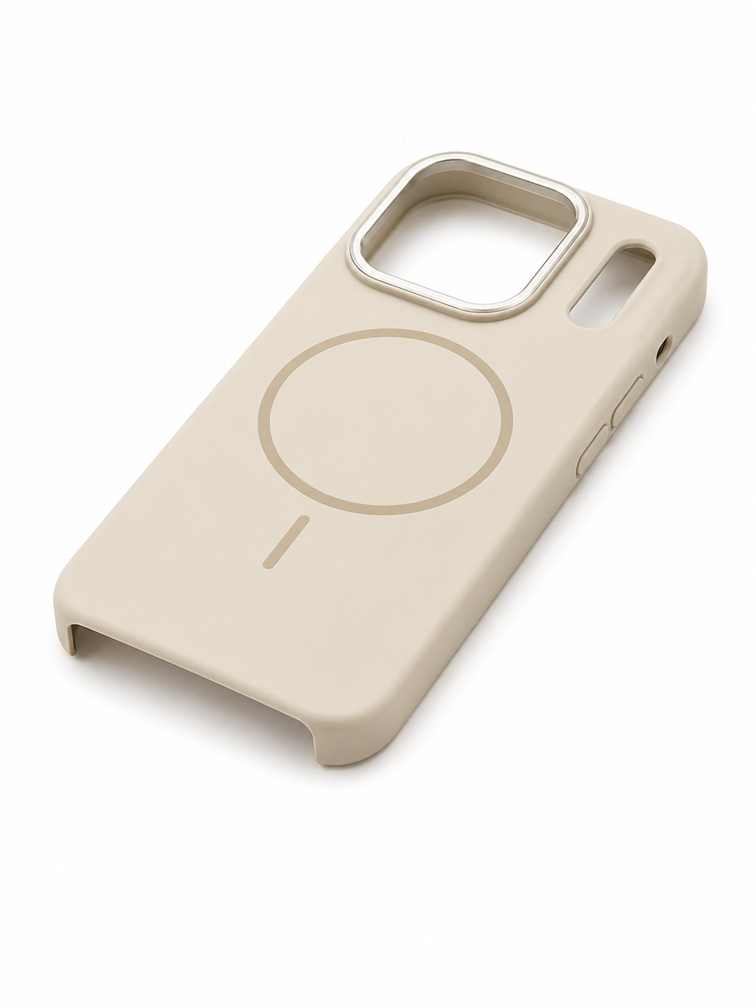 Beige phone case with a circular design on a white background