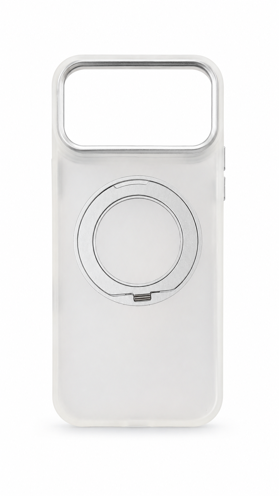 A clear, semi-transparent phone case with a built-in metallic MagSafe-compatible ring on the back, shown against a plain white background.