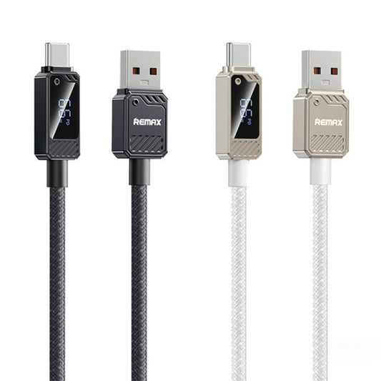 Two Remax USB cables, one black and one white, on a white background.