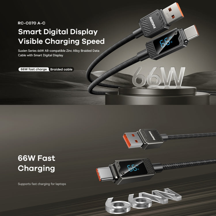 Smart digital display charging cable with 66W fast charging capability on a dark background