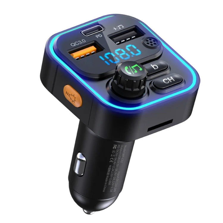 Car charger with Bluetooth speaker and digital display on a white background