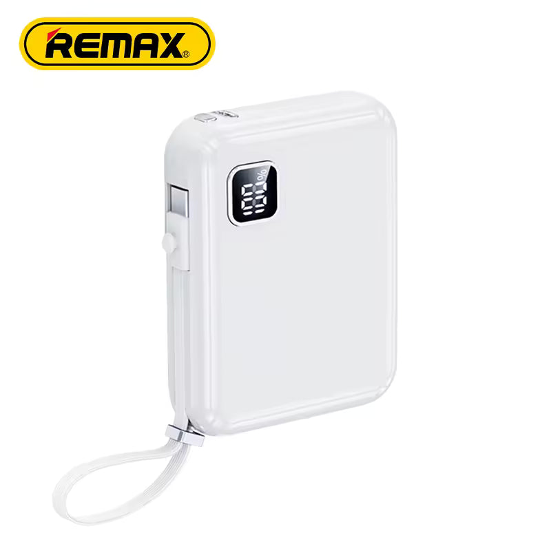 White power bank with digital display on a white background, featuring Remax logo.