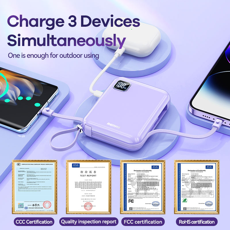 Power bank charging multiple devices with certification logos on a light purple background