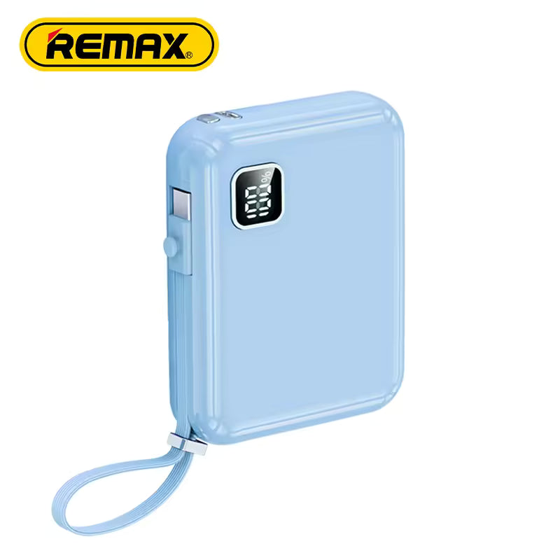 Blue power bank with a strap on a white background, featuring the Remax brand.