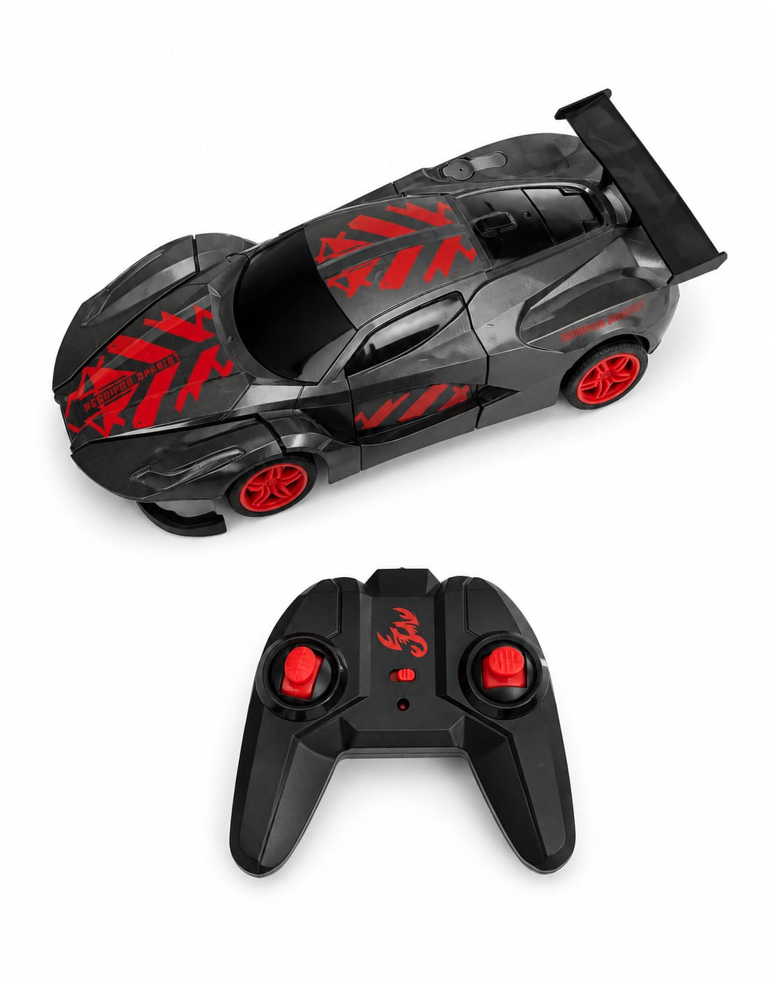 Black and red high speed Rc racing car with remote controller, featuring sporty design and rear spoiler