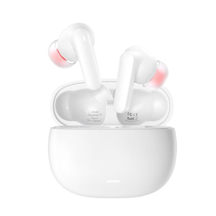 White wireless earbuds with charging case on a white background