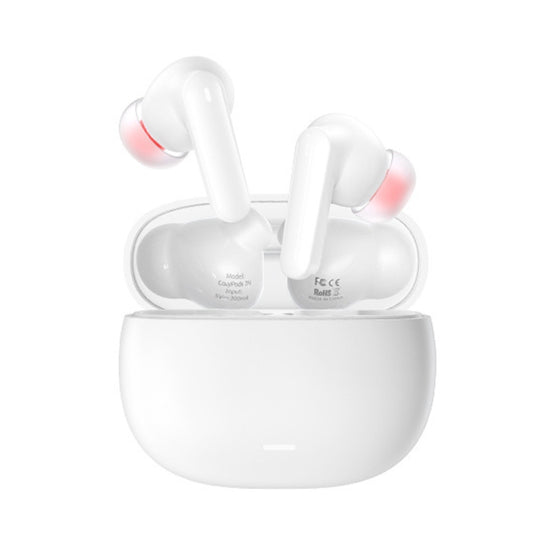 White wireless earbuds with charging case on a white background