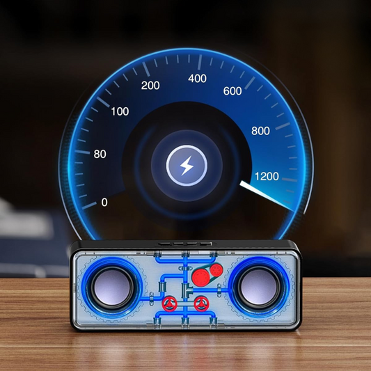 Digital display with a speedometer-style gauge and a control panel on a wooden surface.