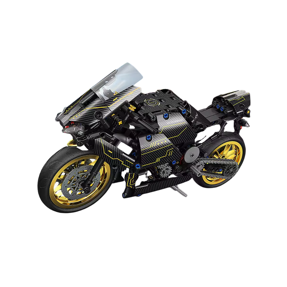 Motorcycle model kit with carbon fiber design on a white background, featuring the brand 'Gadgets & Gadgets'.