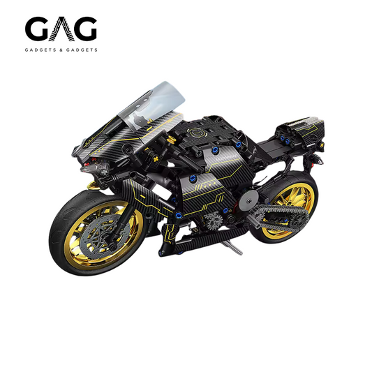 Motorcycle model kit with carbon fiber design on a white background, featuring the brand 'Gadgets & Gadgets'.