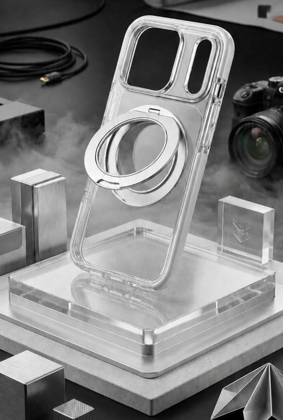 Clear phone case with ring holder on a reflective surface