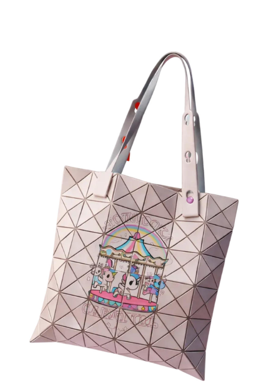 Geometric tote bag with a colorful design on a white background