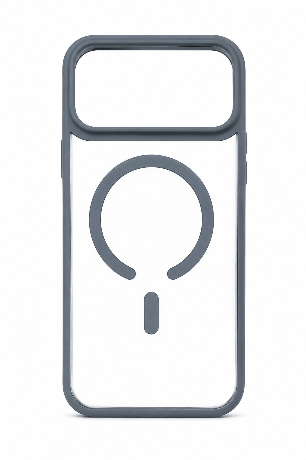 A clear phone case with a dark gray MagSafe-compatible ring and a matching dark gray bumper frame, shown on a white background.